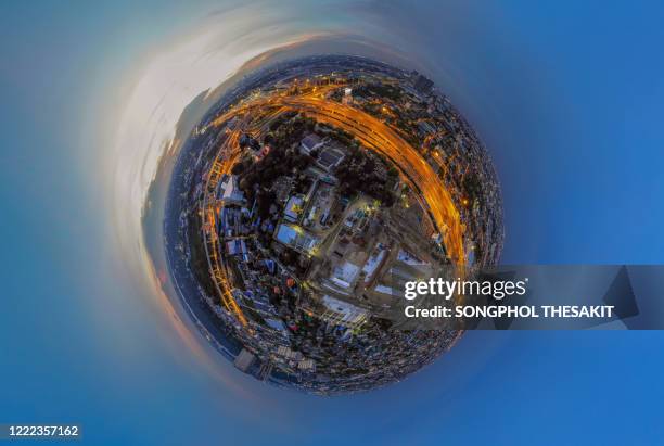 aerial view/the world and the city in a circle from a high perspective - fish eye lens stock pictures, royalty-free photos & images