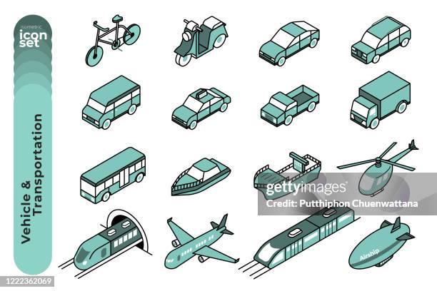 fahrzeug und transport mono farbe umriss icon set auf weißem hintergrund. vektor-stock-illustration. - pick up truck stock-grafiken, -clipart, -cartoons und -symbole