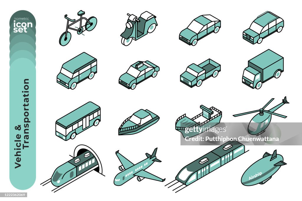 Vehicle and Transportation Mono Colour Outline Icon Set on White Background. Vector Stock Illustration.
