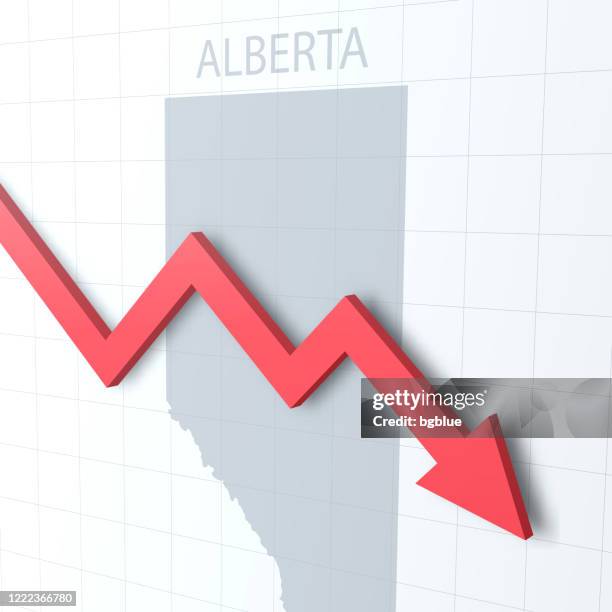 falling red arrow with the alberta map on the background - edmonton stock illustrations