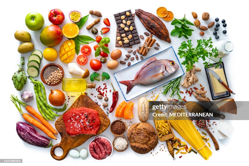 Varied food carbohydrates protein vegetables fruits dairy legumes on white