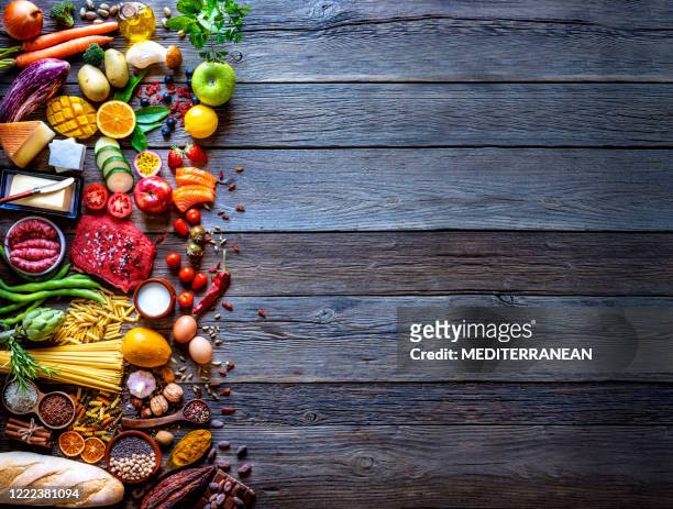 varied food carbohydrates protein vegetables fruits dairy legumes on wood - peppermint green stock pictures, royalty-free photos & images