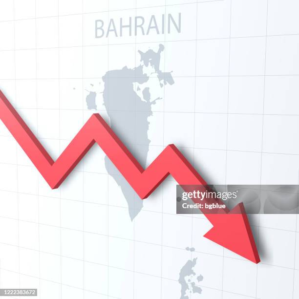 ilustraciones, imágenes clip art, dibujos animados e iconos de stock de flecha roja cayendo con el mapa de bahrein en el fondo - bahrain