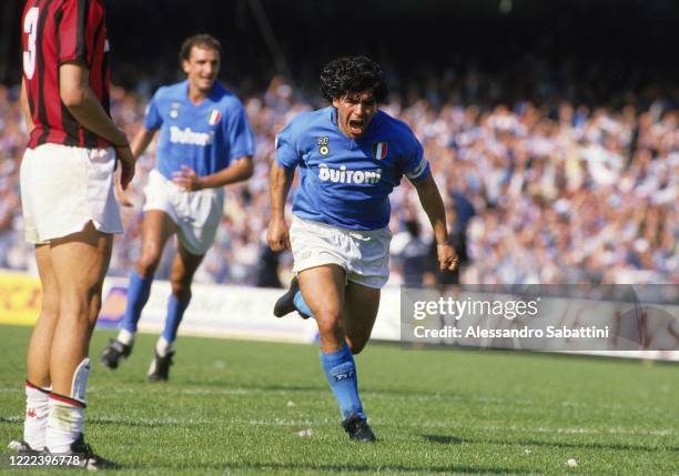 Diego Armando Maradona of SSC Napoli celebrates after scoring a goal during the Serie A match between SSC Napoli and AC Milan at stadio San Paolo in...