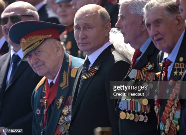 President of Russia and Commander-in-Chief of the Armed Forces Vladimir Putin makes a speech in Red Square during a Victory Day military parade...