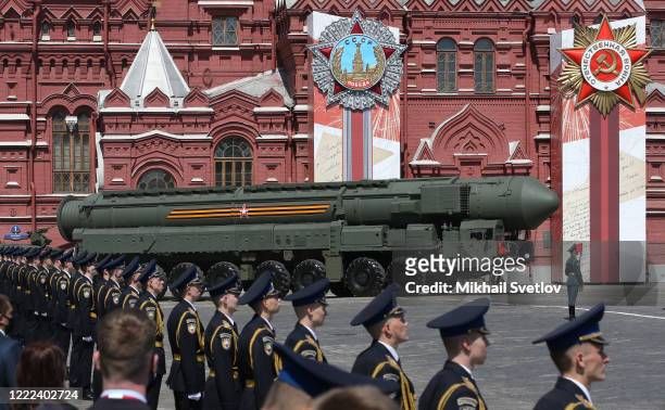 Russian nuclear missile rolls along Red Square during the military parade marking the 75th anniversary of Nazi defeat, on June 24, 2020 in Moscow,...