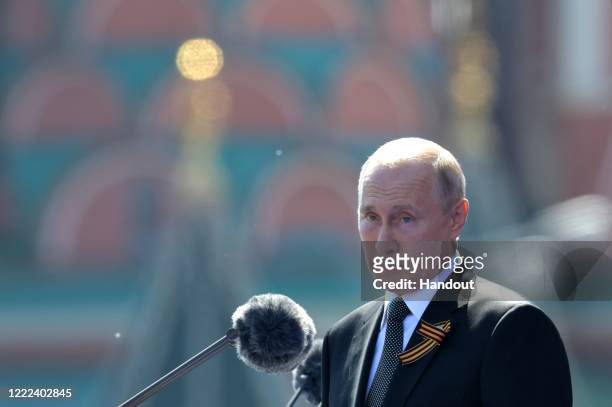 President of Russia and Commander-in-Chief of the Armed Forces Vladimir Putin makes a speech in Red Square during a Victory Day military parade...