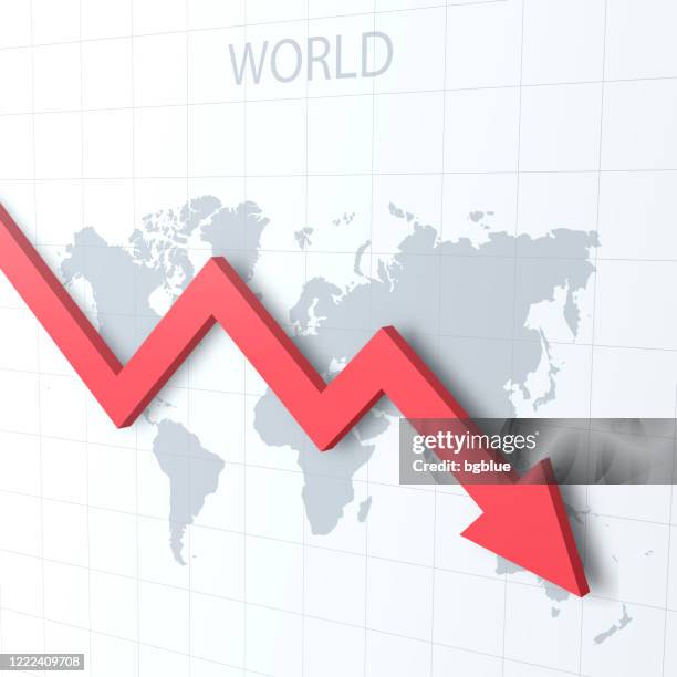 falling red arrow with the world map on the background - fall border stock illustrations