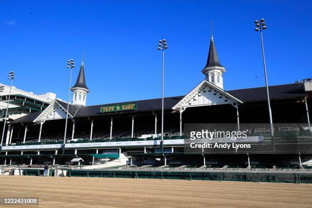 View of the twin spires and empty grandstand at Churchill Downs on May 02, 2020 in Louisville, Kentucky. The 146th running of the Kentucky Derby,...
