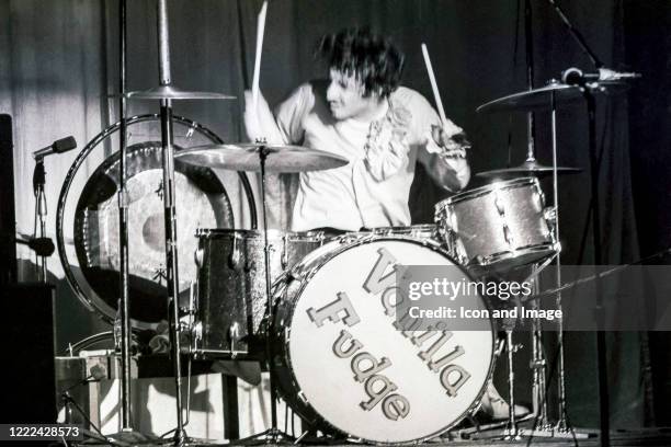 American percussionist and drummer for Vanilla Fudge, Carmine Appice performs at the Music Hall in Houston, TX, March 31, 1968.