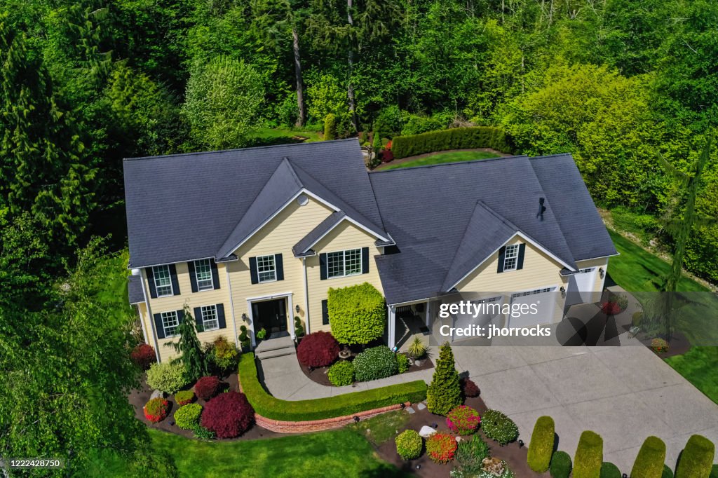 Aerial View of a Modern American Craftsman Style House Exterior