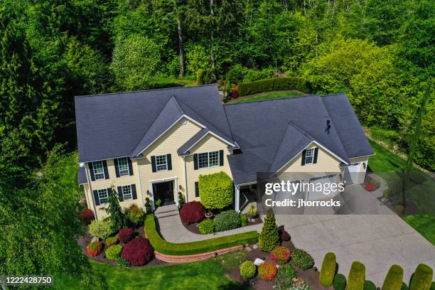 aerial view of a modern american craftsman style house exterior - aerial view house stock pictures, royalty-free photos & images