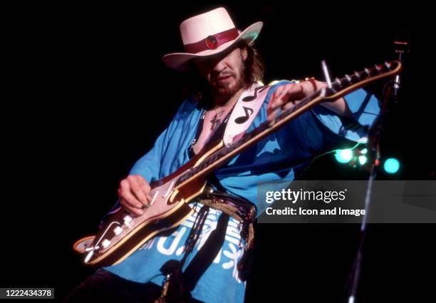 American singer, songwriter and blues-rock guitar great, Stevie Ray Vaughan performing during his "Soul to Soul" world tour, on August 12 in Albany,...