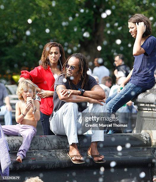 Tennis great Yannick Noah is seen with kids Elyjah, Jenaye and Joalukas Noah in Washington Square Park on June 12, 2010 in New York, New York.