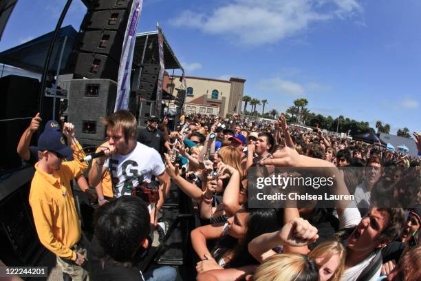 Vocalist Roughton "Rou" Reynolds of Enter Shikari performs at The VANS Warped Tour at Seaside Park on June 27, 2010 in Ventura, California.