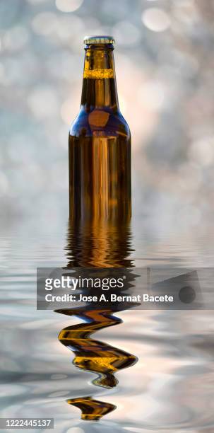 outdoor beer bottle illuminated by sunlight, reflected in the water. - brown bottle stock pictures, royalty-free photos & images