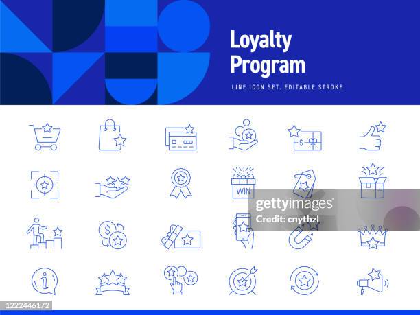 satz von treueprogramm verwandte liniensymbole. bearbeitbarer strich. einfache gliederung saum-symbole. - customer loyalty stock-grafiken, -clipart, -cartoons und -symbole