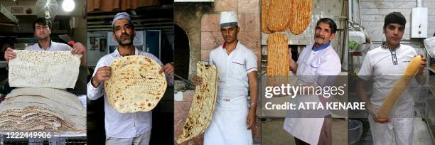 This combination of pictures created on June 24, 2020 shows Iranian bakers in the capital Tehran Mohammad Abdi posing with Lavash bread; Mohammad...