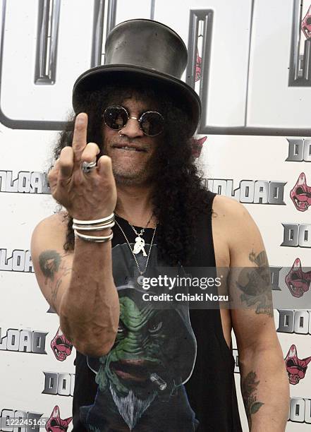 Slash attends press conference at day 3 of the Download Festival at Donington Park on June 13, 2010 in Castle Donington, England.