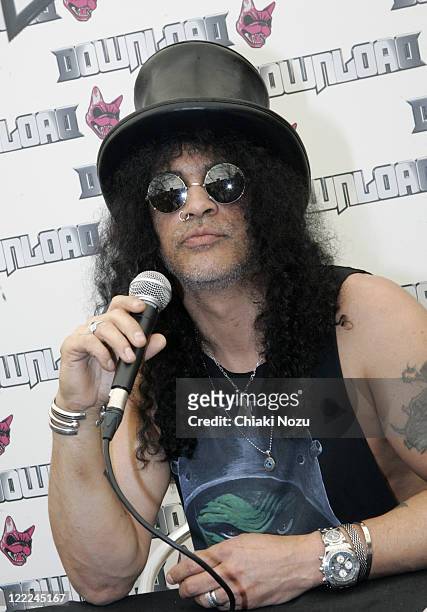 Slash attends press conference at day 3 of the Download Festival at Donington Park on June 13, 2010 in Castle Donington, England.
