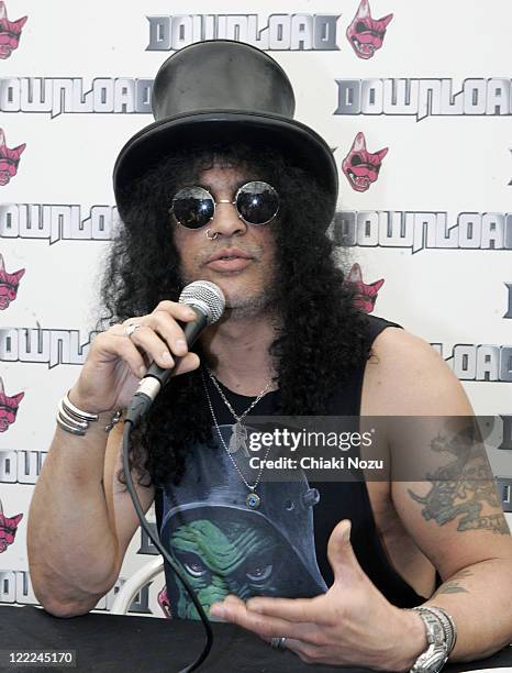 Slash attends press conference at day 3 of the Download Festival at Donington Park on June 13, 2010 in Castle Donington, England.