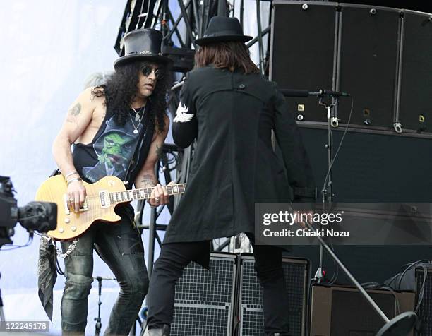 Slash and Myles Kennedy perform at day 3 of the Download Festival at Donington Park on June 13, 2010 in Castle Donington, England.