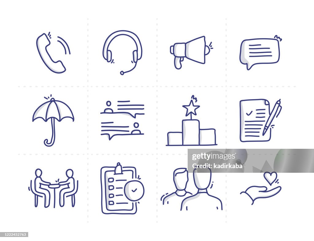 Set semplice di icone di linea vettoriale doodle correlate alla relazione con il cliente