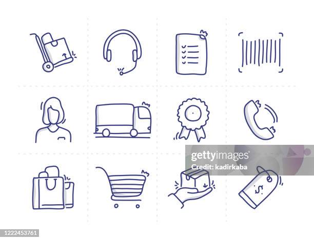 stockillustraties, clipart, cartoons en iconen met eenvoudige set van e-commerce gerelateerde doodle vector line iconen - streepjescode