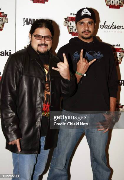 Jetesh "Mephisto" Menon and Virenda "Viru" Kaith of Demonic Resurrection arrive at the Metal Hammer Golden Gods Awards 2010 at Indigo2 at O2 Arena on...