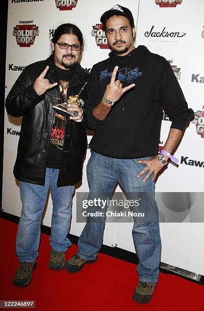 Jetesh "Mephisto" Menon and Virendra "Viru" Kaith of Demonic Resurrection pick up the Global Metal Award at the Metal Hammer Golden Gods Awards 2010...