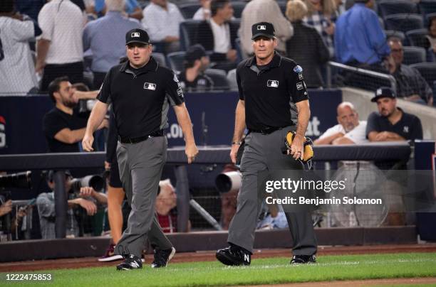Umpire Angel Hernandez ahead of game four of the MLB American League Divisional Series at Yankees Stadium on October 9 2018 in the Bronx borough of...