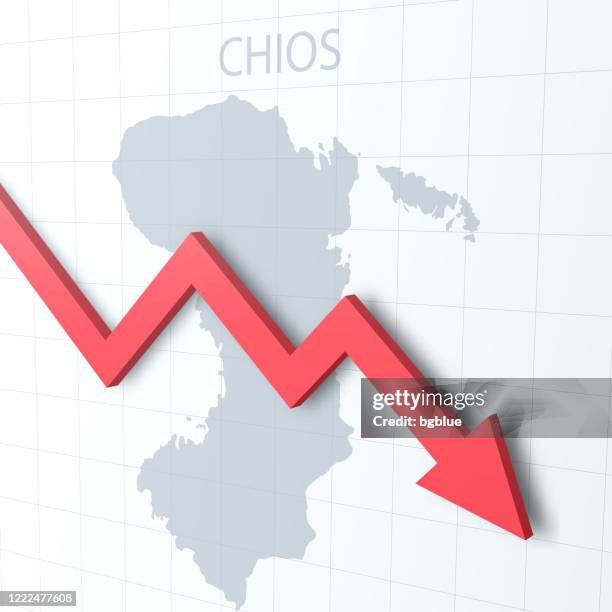 falling red arrow with the chios map on the background - aegean sea stock illustrations