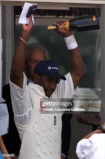 Alex Tudor of England acknowledges the crowd after receiving the man of the match after England won the First Cornhill Test between England and New...