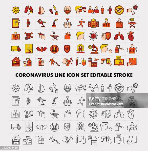 coronavirus line icon set editable stroke - state of emergency stock illustrations