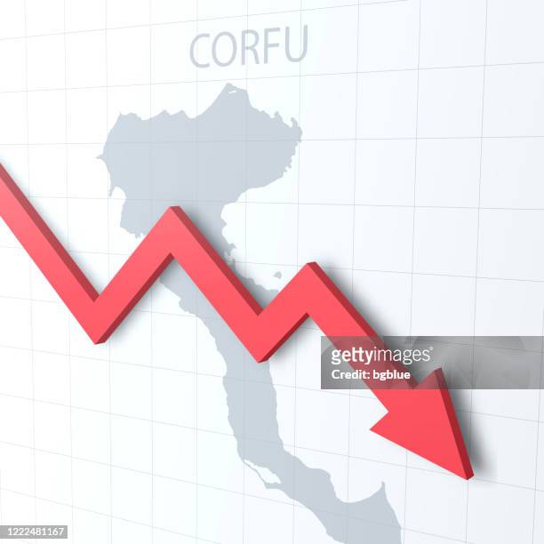 falling red arrow with the corfu map on the background - corfu stock illustrations