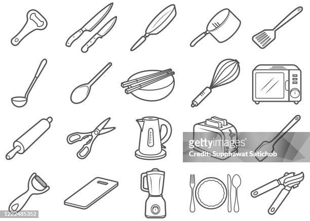 ilustraciones, imágenes clip art, dibujos animados e iconos de stock de conjunto de iconos de línea de cocina - cucharon
