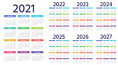 Calendar 2021, 2022, 2023, 2024, 2025, 2026, 2027 years. Week starts Sunday. Simple year template of pocket or wall calenders. Yearly organizer. Stationery color layout. Portrait orientation, English.