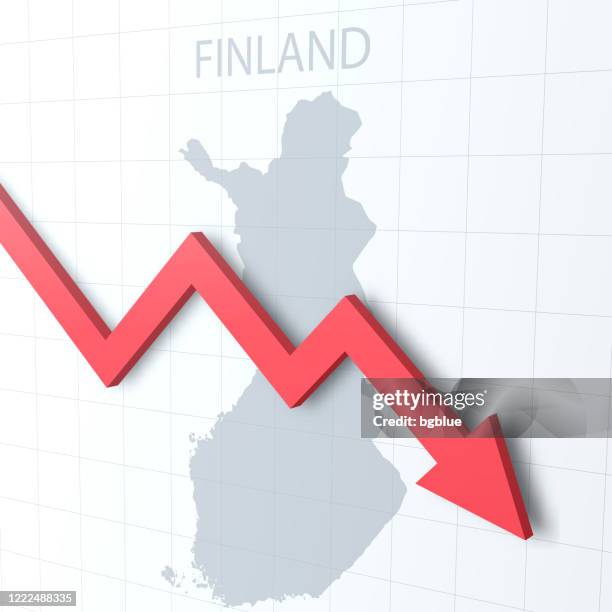 falling red arrow with the finland map on the background - helsinki fall stock illustrations