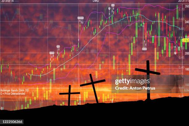 three crosses on the background of stock charts. world financial crisis - death to american death to israel stock pictures, royalty-free photos & images