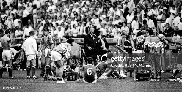 Genoa , Italy - 25 June 1990; Republic of Ireland manager Jack Charlton speaks to his players prior to the penalty shoot out during the FIFA World...