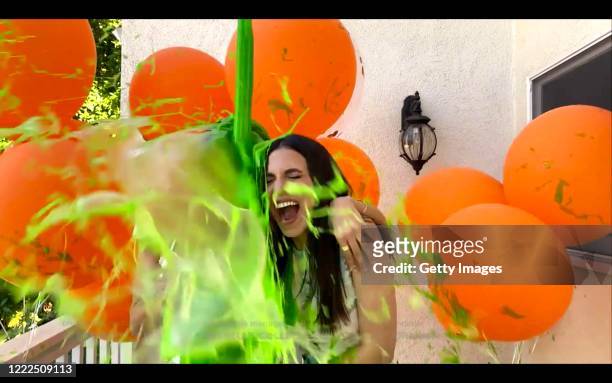 In this screengrab, host Victoria Justice gets slimed during Nickelodeon’s Kids’ Choice Awards 2020: Celebrate Together presented on May 02, 2020.