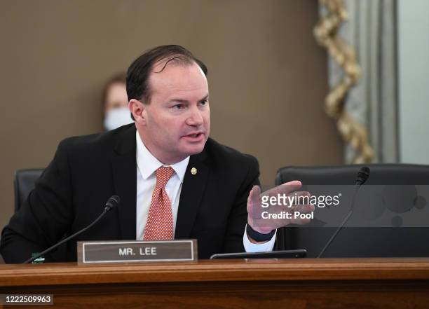 Sen. Mike Lee speaks during an oversight hearing to examine the Federal Communications Commission on Capitol Hill on June 24, 2020 in Washington, DC....