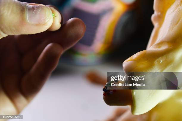 Detail of the creation process of Huichol handicraft on May 01, 2020 in Mexico City, Mexico. Villanueva is known for his efforts to keep and...