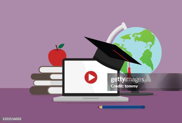 notebook, graduation cap, pencil, book, apple and a globe - graduation gown stock illustrations