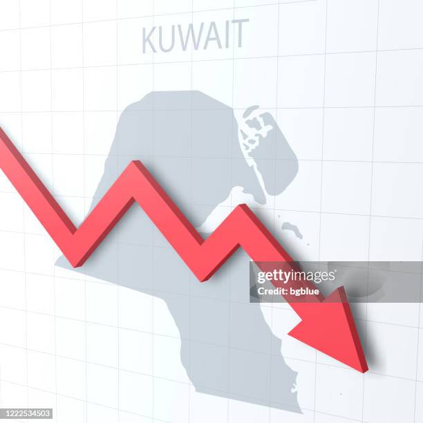 stockillustraties, clipart, cartoons en iconen met dalende rode pijl met de kaart van koeweit op de achtergrond - kuwait