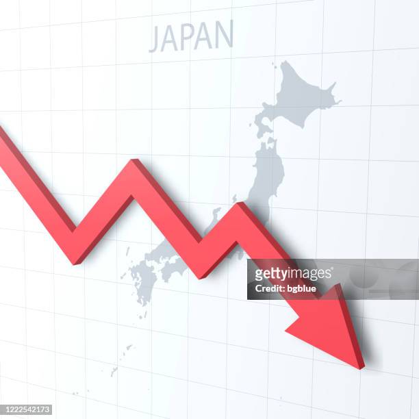 stockillustraties, clipart, cartoons en iconen met dalende rode pijl met de kaart van japan op de achtergrond - japan stock market