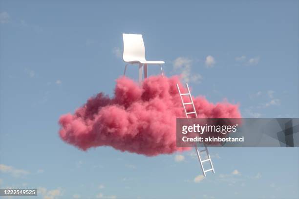 chair on cloud, stairs to the clouds, ladder of success concept - pink colour stock pictures, royalty-free photos & images