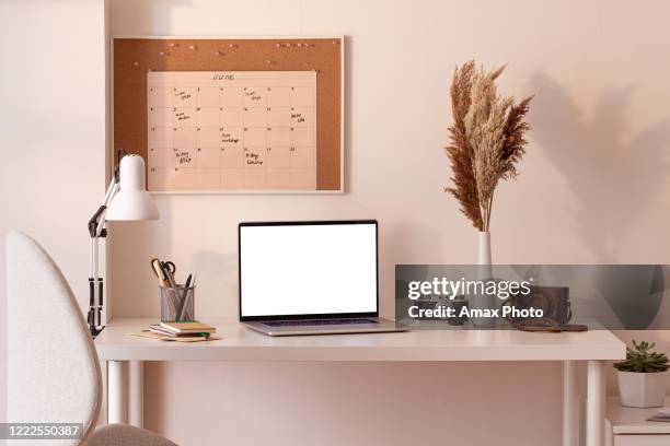 at home still life, cozy workplace with laptop - desk organization stock pictures, royalty-free photos & images