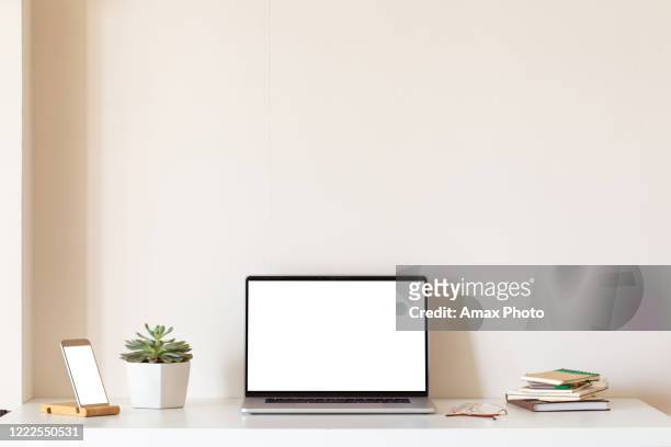 at home still life, cozy workplace with laptop - desk stock pictures, royalty-free photos & images
