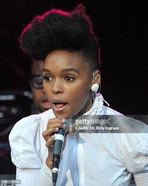 Singer Janelle Monae performs in concert at The Greek Theatre on June 20, 2010 in Los Angeles, California.